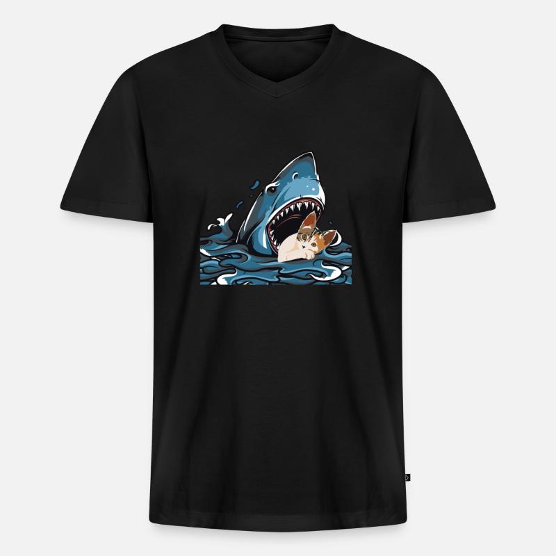 Shark Eating Cat - Männer Premium Bio T-Shirt mit V-Ausschnitt - Schwarz
