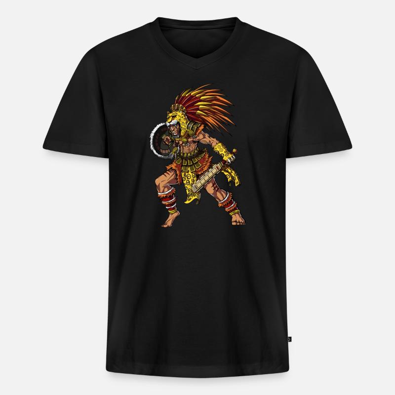 Aztekischer Jaguar-Krieger - Männer Premium Bio T-Shirt mit V-Ausschnitt - Schwarz