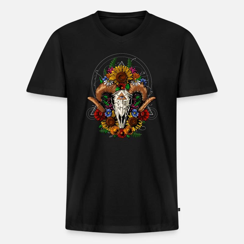 Blumen Ram Schädel - Männer Premium Bio T-Shirt mit V-Ausschnitt - Schwarz