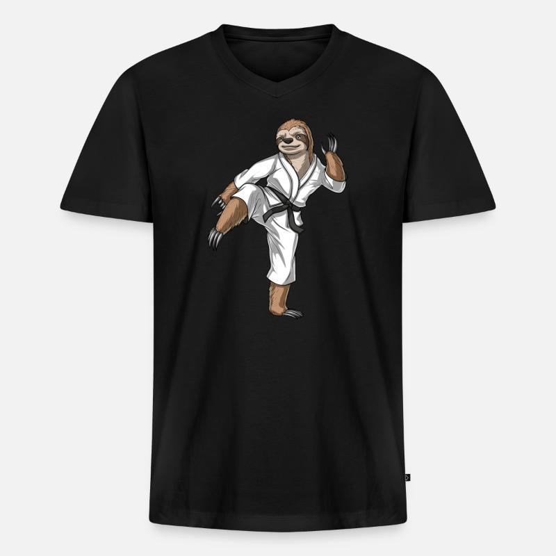 Faultier Karate - Männer Premium Bio T-Shirt mit V-Ausschnitt - Schwarz
