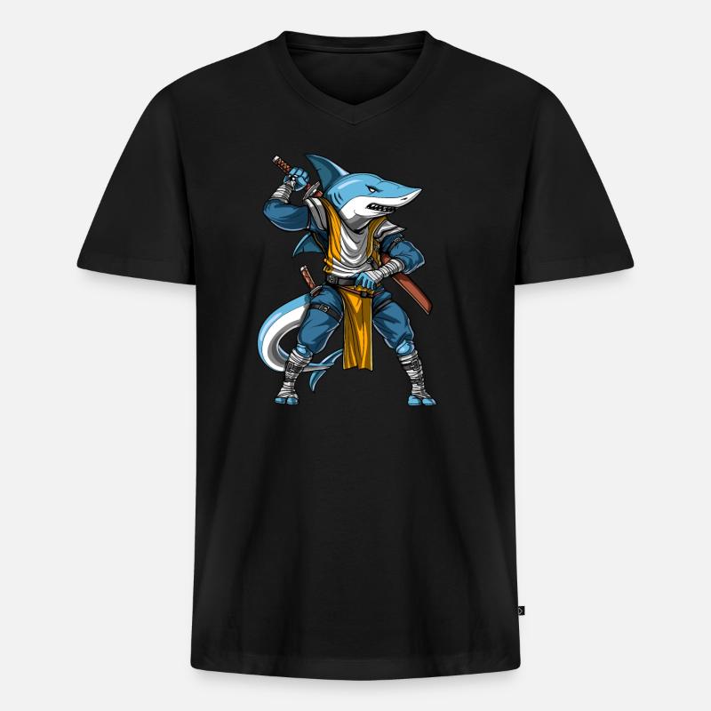 Hai Samurai Ninja - Männer Premium Bio T-Shirt mit V-Ausschnitt - Schwarz