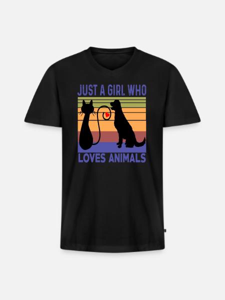Just A Girl Who Loves Animals Dog Cat Retro Vintag - Mannen Premium Bio T-shirt met V-hals - zwart