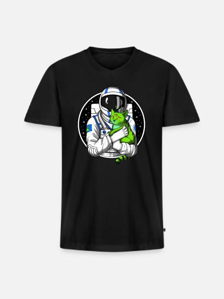 Astronaut Alien Cat - Männer Premium Bio T-Shirt mit V-Ausschnitt - Schwarz