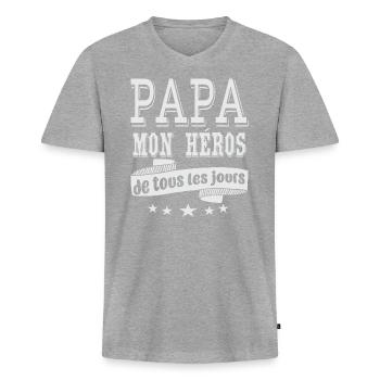 Idee Cadeau Papa Mon Héros De Tous Les Jours - T-shirt encolure en V Premium bio Homme - gris chiné - Devant