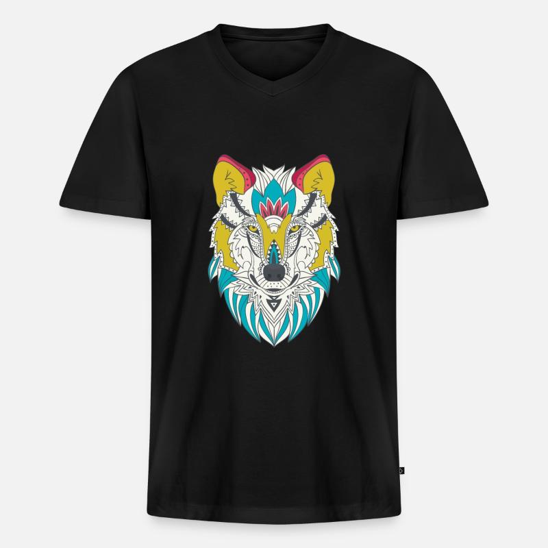 Wolf Kopf Bunt - Männer Premium Bio T-Shirt mit V-Ausschnitt - Schwarz