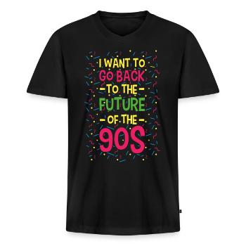 90er 90 Ich will zurück in die Zukunft der 90er. - Männer Premium Bio T-Shirt mit V-Ausschnitt - Schwarz - Vorne - Nico (187cm)