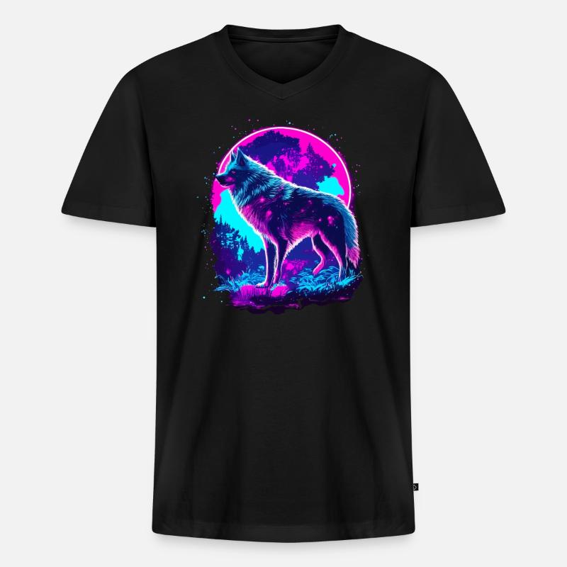 Wolfs Kunst Psychedelic Neon Synthwave - Männer Premium Bio T-Shirt mit V-Ausschnitt - Schwarz