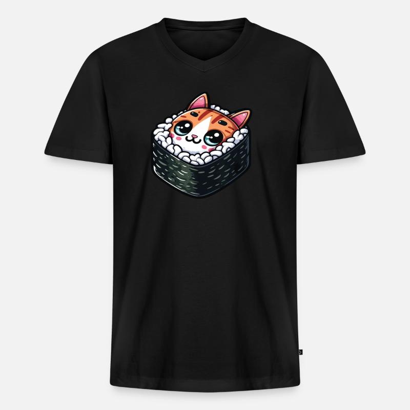 Sushi Katze - Männer Premium Bio T-Shirt mit V-Ausschnitt - Schwarz