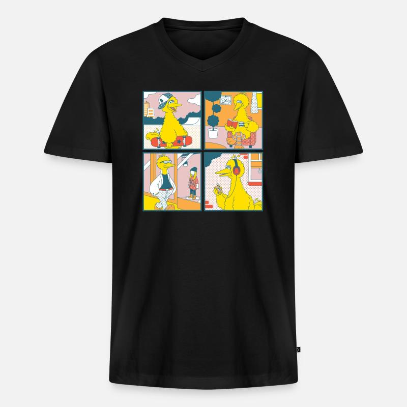 Sesamstraße Bibo Comic Kacheln - Männer Premium Bio T-Shirt mit V-Ausschnitt - Schwarz
