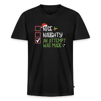 Humour de Noël Gentil Coquin Une tentative a été faite - T-shirt encolure en V Premium bio Homme - noir - Devant - Nico (187cm)