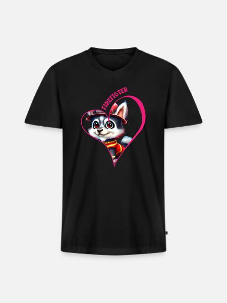 Firefighter, husky love - Men's Premium Organic T-shirt with V-neck - black