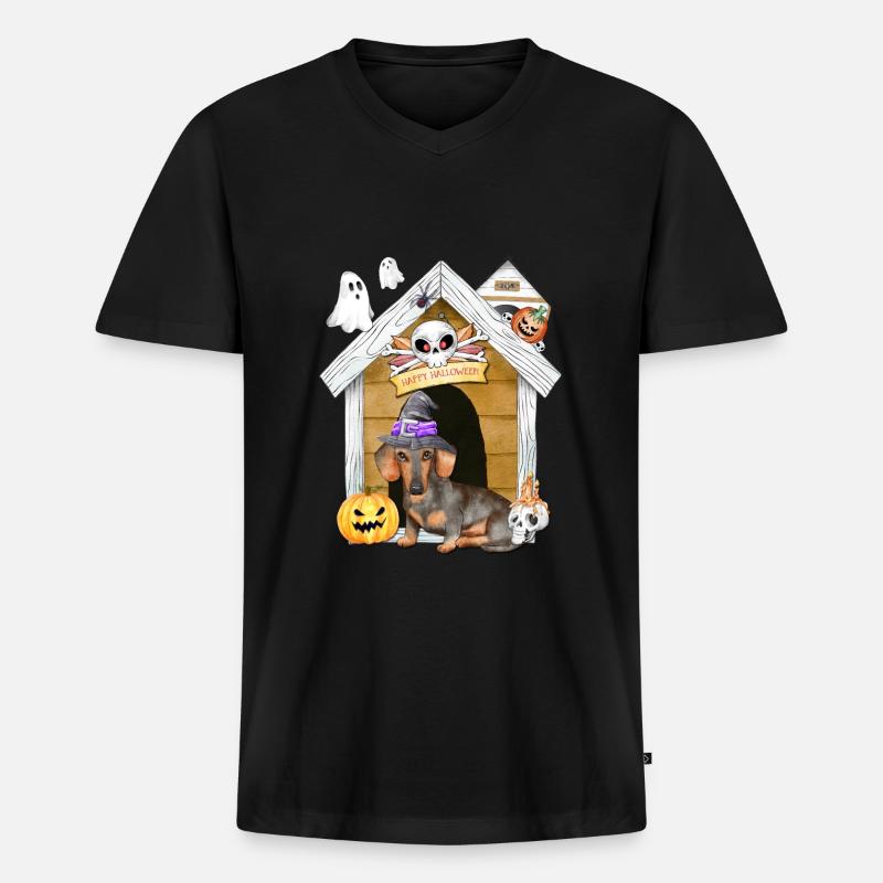 Halloween Dackel Hund Hexe - Männer Premium Bio T-Shirt mit V-Ausschnitt - Schwarz