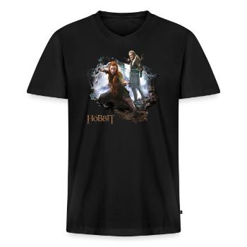 Der Hobbit Logo Mit Elben Tauriel Und Legolas - Männer Premium Bio T-Shirt mit V-Ausschnitt - Schwarz - Vorne - Nico (187cm)