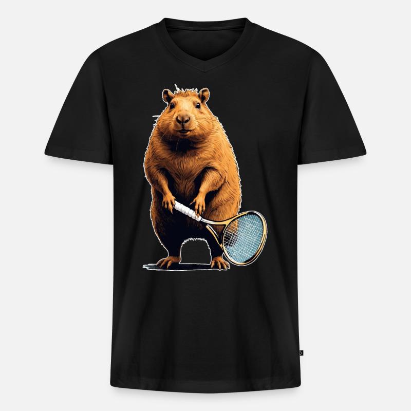 Capybara Tennis - Männer Premium Bio T-Shirt mit V-Ausschnitt - Schwarz