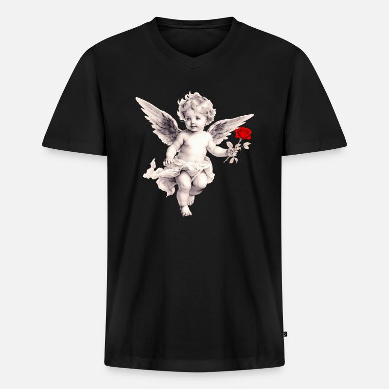 Amor mit Rose - Männer Premium Bio T-Shirt mit V-Ausschnitt - Schwarz