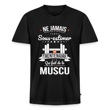 Sous-estimer un trentenaire qui fait de la muscu - T-shirt encolure en V Premium bio Homme - noir - Devant - Nico (187cm)