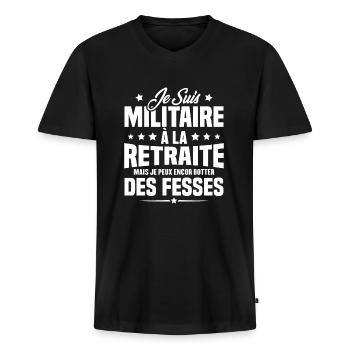 Humour Cadeau Je suis Militaire À La Retraite - T-shirt encolure en V Premium bio Homme - noir - Devant - Nico (187cm)