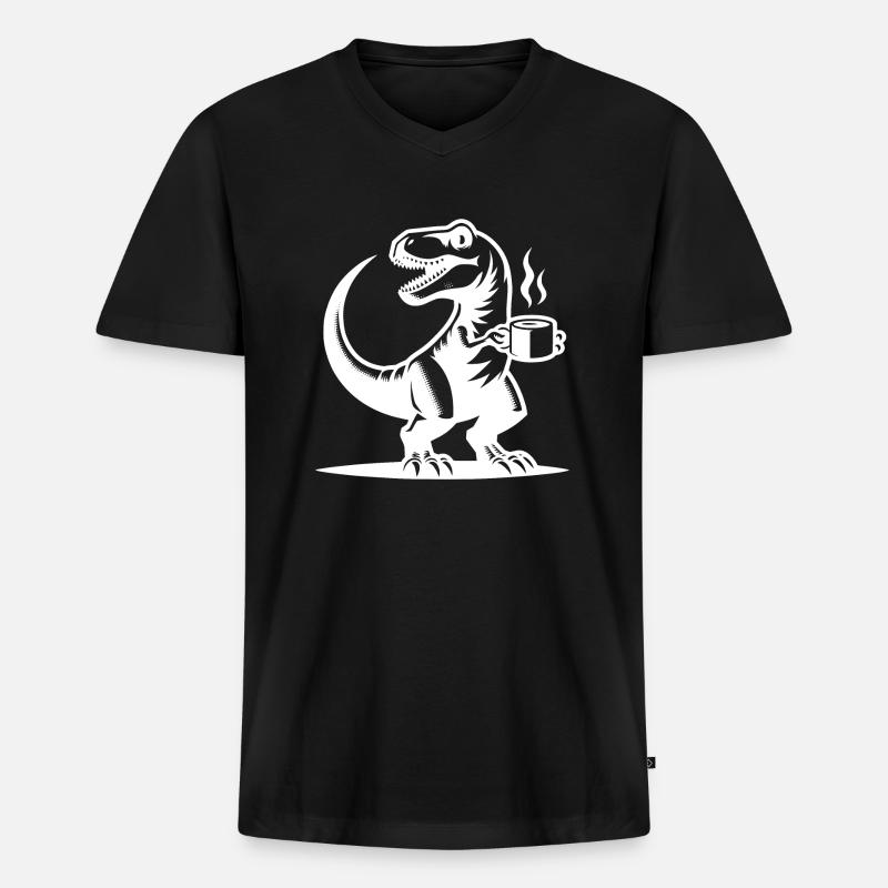 Morgenmuffel Dinosaurier mit Kaffeetasse - Männer Premium Bio T-Shirt mit V-Ausschnitt - Schwarz