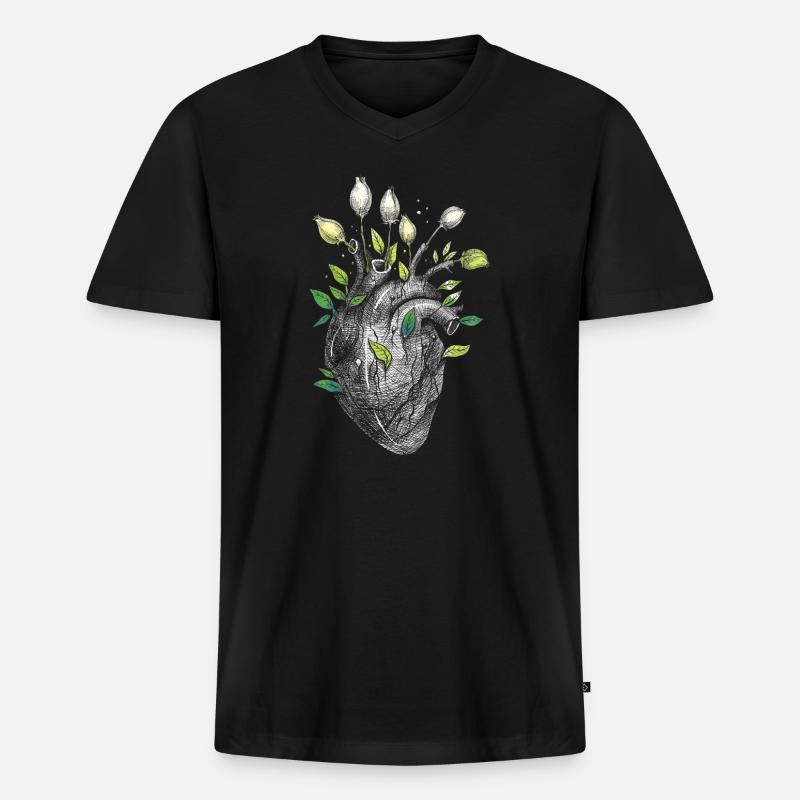 Anatomisches Herz und Blumen - Männer Premium Bio T-Shirt mit V-Ausschnitt - Schwarz