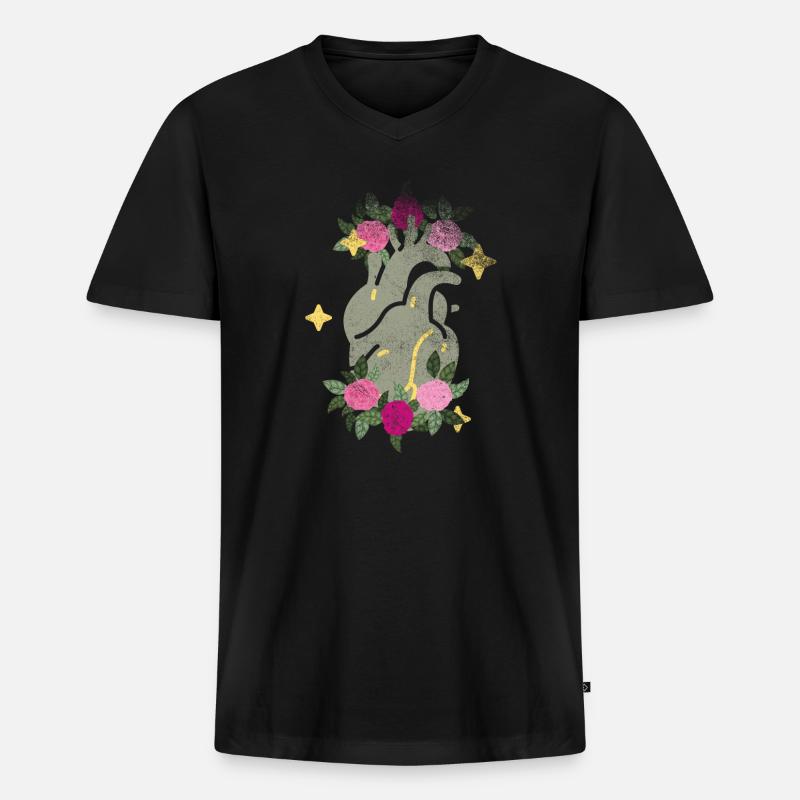 Anatomisches Herz und Blumen - Männer Premium Bio T-Shirt mit V-Ausschnitt - Schwarz