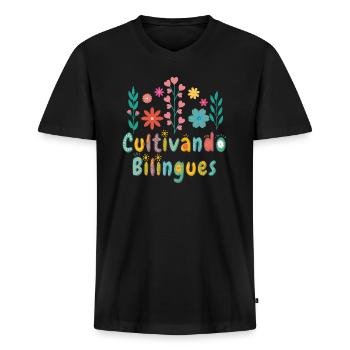 Cultivando Bilingües Spanischlehrer Bekleidung - Männer Premium Bio T-Shirt mit V-Ausschnitt - Schwarz - Vorne - Nico (187cm)