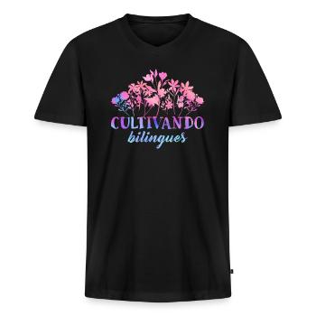 Cultivando Bilingües Spanischlehrer - Männer Premium Bio T-Shirt mit V-Ausschnitt - Schwarz - Vorne - Nico (187cm)