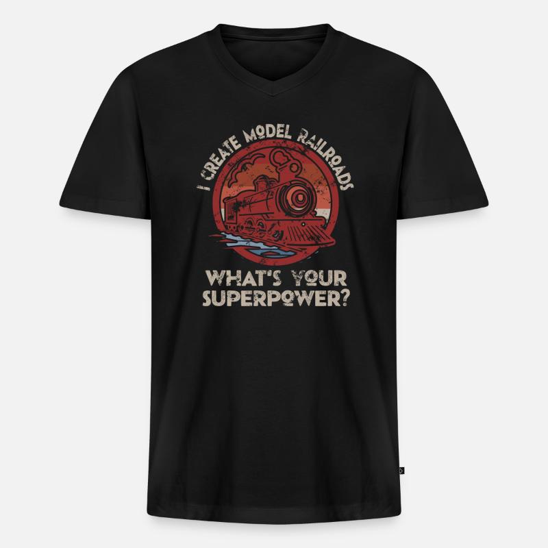Ich erschaffe Modelleisenbahn-Superkraft - Männer Premium Bio T-Shirt mit V-Ausschnitt - Schwarz