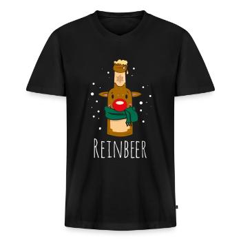 Lustiges Rentier Weihnachts-PartyShirt - REINBEER - Männer Premium Bio T-Shirt mit V-Ausschnitt - Schwarz - Vorne - Nico (187cm)