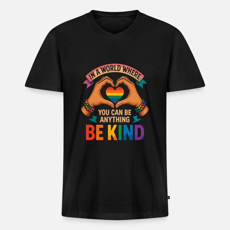 Be Kind - Regenbogenherz Design - Männer Premium Bio T-Shirt mit V-Ausschnitt - Schwarz