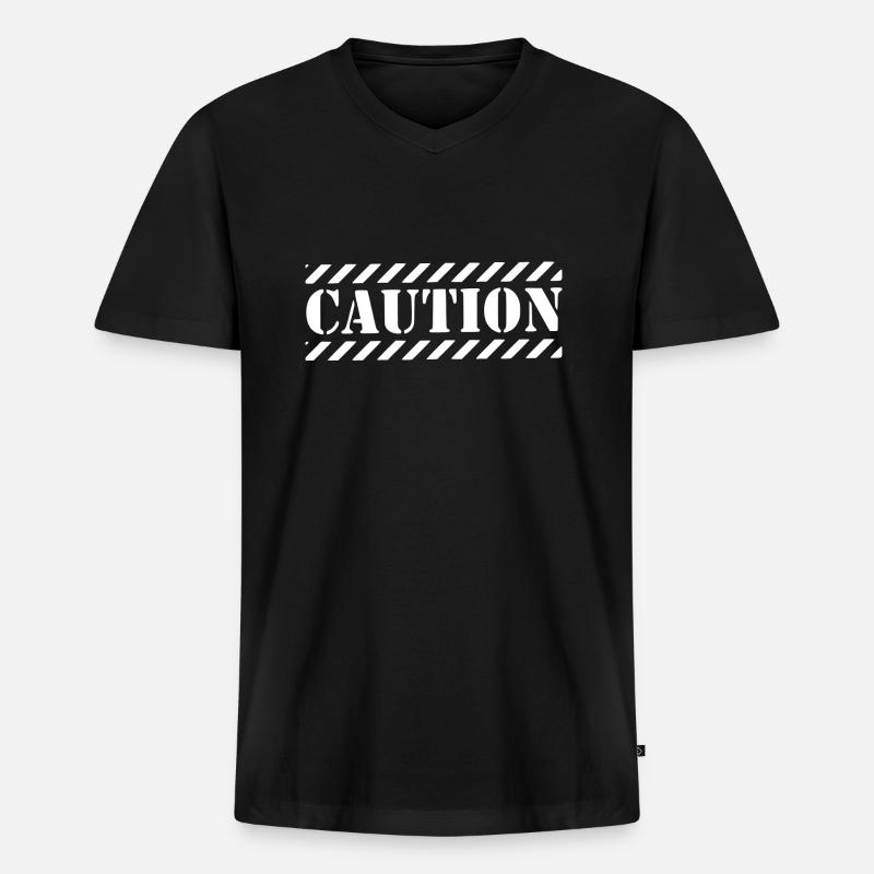 Caution weiss - Männer Premium Bio T-Shirt mit V-Ausschnitt - Schwarz