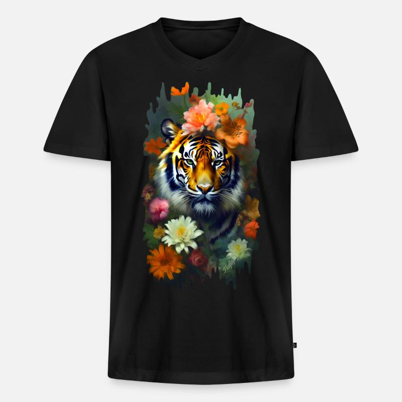 Tiger zwischen den Blumen 🌸💛 - Männer Premium Bio T-Shirt mit V-Ausschnitt - Schwarz
