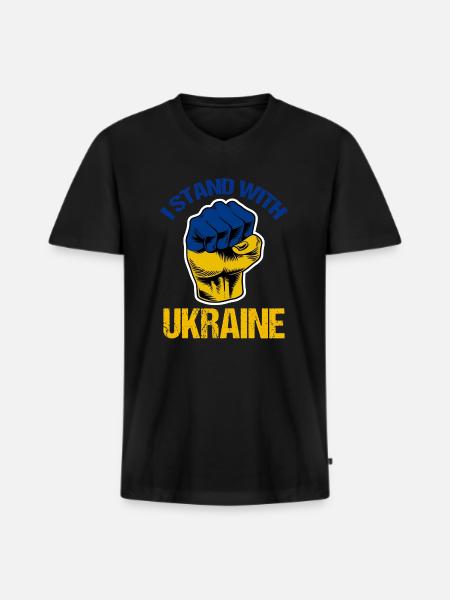 Stoję z ukrainą Flaga ukraińska - Ekologiczna męska koszulka z dekoltem w serek Premium - czarny