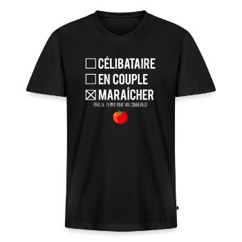 Célibataire En Couple Blague Maraîcher Humour - T-shirt encolure en V Premium bio Homme - noir - Devant - Nico (187cm)