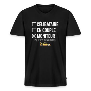 Célibataire en couple moniteur auto école - T-shirt encolure en V Premium bio Homme - noir - Devant - Nico (187cm)
