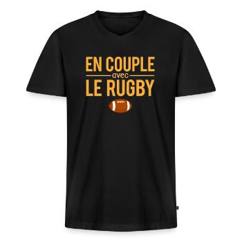En couple avec le rugby sport humour - T-shirt encolure en V Premium bio Homme - noir - Devant - Nico (187cm)