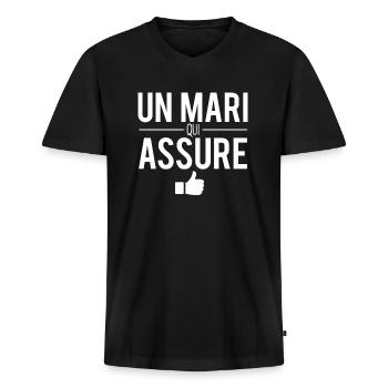 Un mari qui assure blague homme marié humour - T-shirt encolure en V Premium bio Homme - noir - Devant - Nico (187cm)