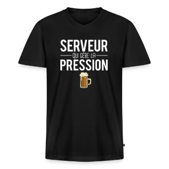 Serveur qui gère la pression métier bière humour - T-shirt encolure en V Premium bio Homme - noir - Devant - Nico (187cm)