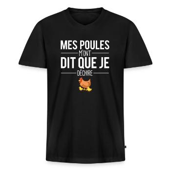 Mes poules m'ont dit que je déchire jardin ferme - T-shirt encolure en V Premium bio Homme - noir - Devant - Nico (187cm)