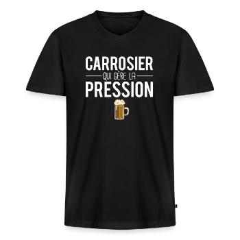 Carrossier qui gère la pression bière humour - T-shirt encolure en V Premium bio Homme - noir - Devant - Nico (187cm)
