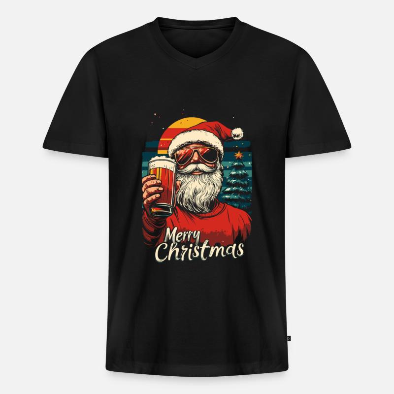 Weihnachtsmann mit Bier - Männer Premium Bio T-Shirt mit V-Ausschnitt - Schwarz