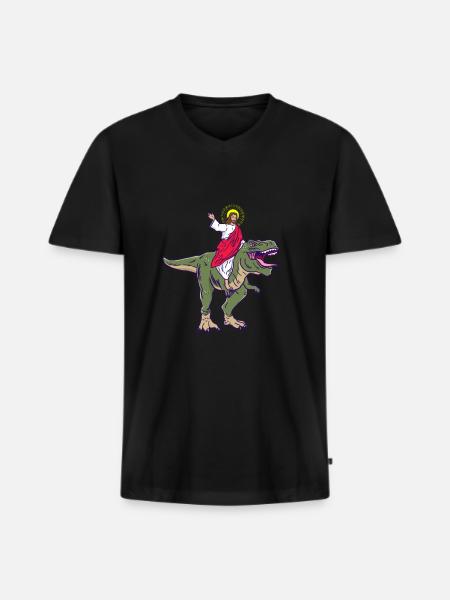 Gesù cavalca la parodia del dinosauro Gesù - Maglietta ecologica premium da uomo con scollo a V - nero