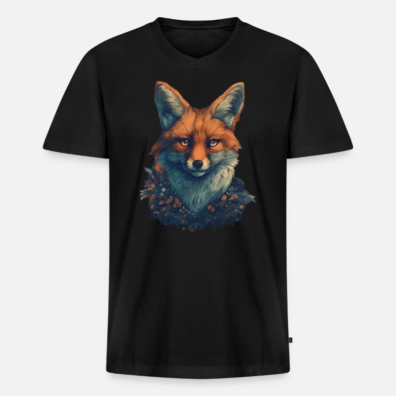 Fuchs mit Blumen - Männer Premium Bio T-Shirt mit V-Ausschnitt - Schwarz
