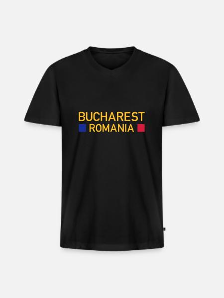 Bucharest, Romania (two squares) - Men's Premium Organic T-shirt with V-neck - black