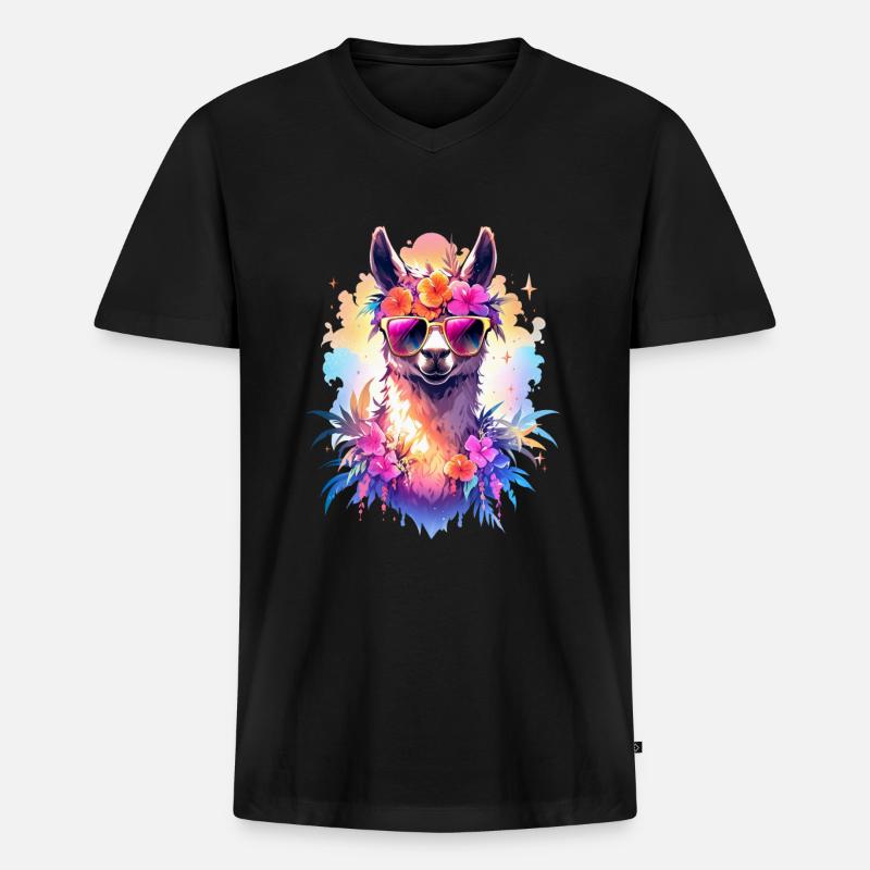 Lama - Männer Premium Bio T-Shirt mit V-Ausschnitt - Schwarz