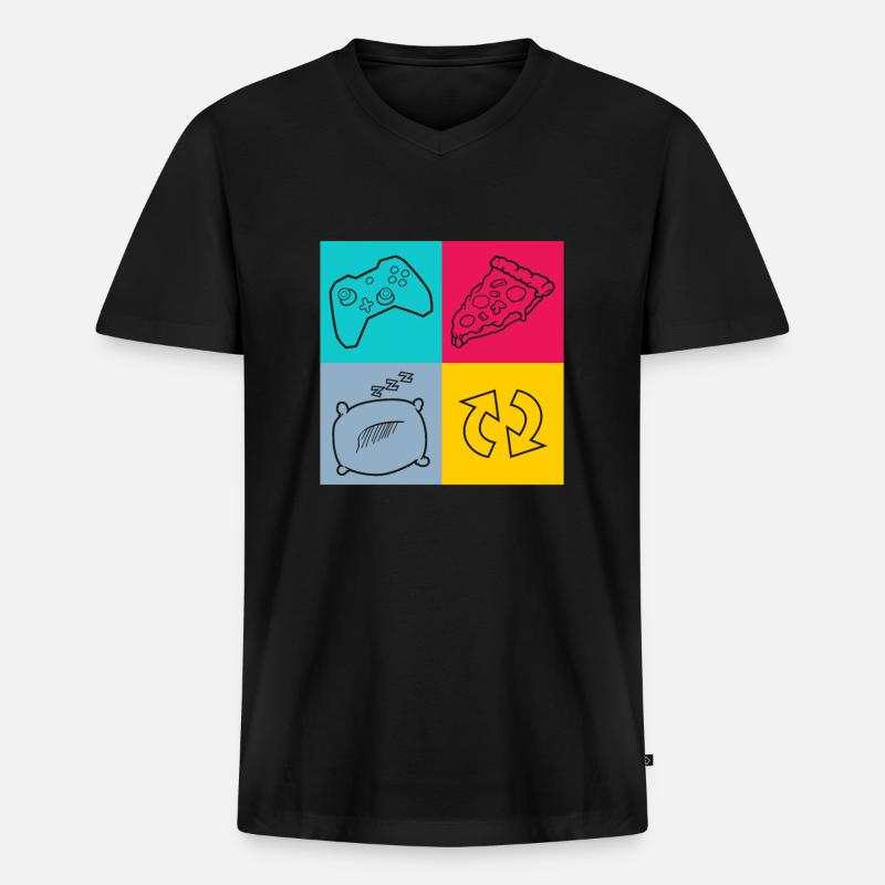 Gamer Routine Pizza - Männer Premium Bio T-Shirt mit V-Ausschnitt - Schwarz
