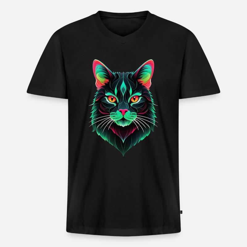 Mystische und neonschwarze Katze - Männer Premium Bio T-Shirt mit V-Ausschnitt - Schwarz