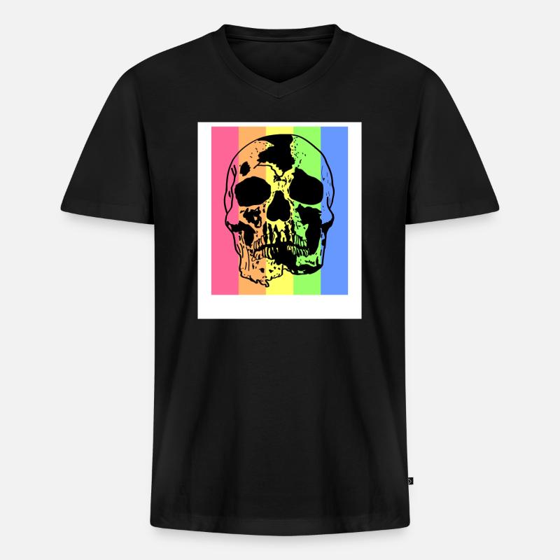 Retro bunter Totenkopf - Männer Premium Bio T-Shirt mit V-Ausschnitt - Schwarz