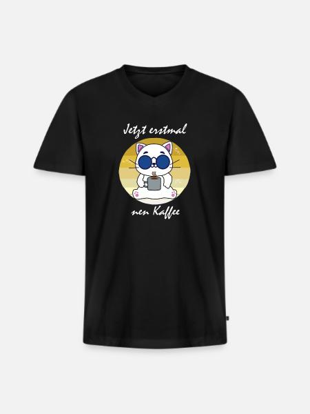 Kaffee Katze - Männer Premium Bio T-Shirt mit V-Ausschnitt - Schwarz