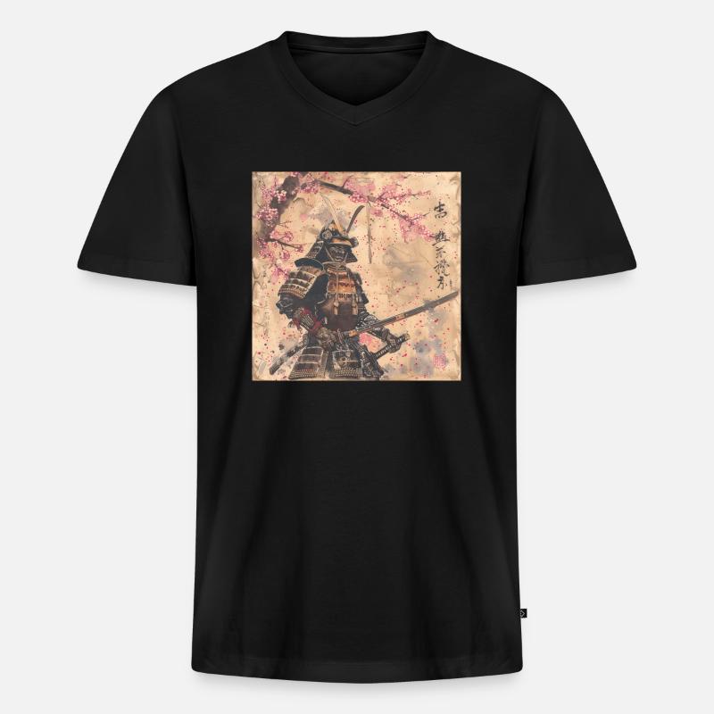 Japanisch, Samurai, Kirschblüte, Kunst, Ukiyo-E - Männer Premium Bio T-Shirt mit V-Ausschnitt - Schwarz