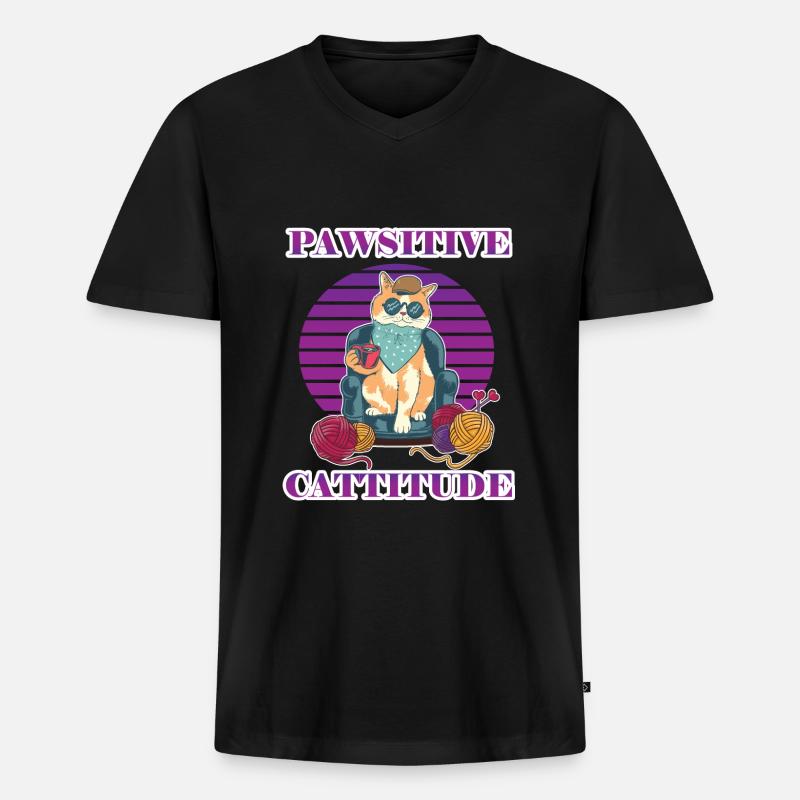 Pawsitive Cattitude - Männer Premium Bio T-Shirt mit V-Ausschnitt - Schwarz